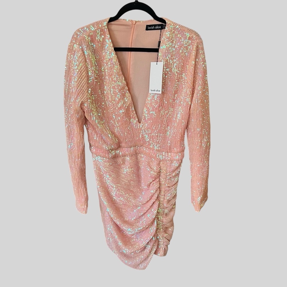 Lavish Alice Sequin Embellished Ruched Side Mini Dress Pink Prom Long Sleeve